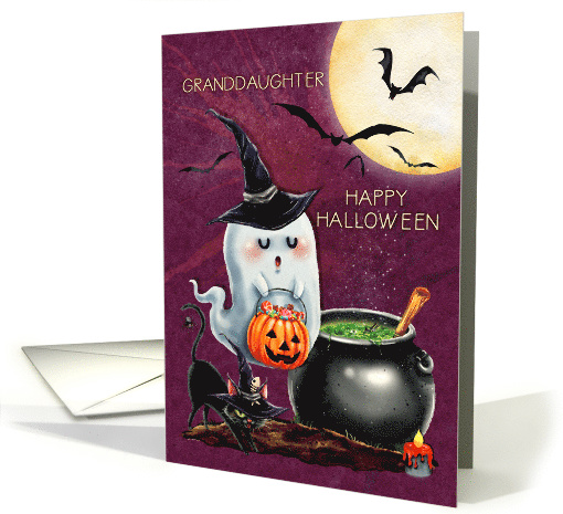 Happy Halloween to Granddaughter Cute Ghost and Black Cat card