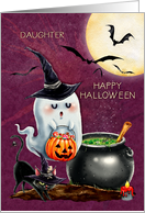 Happy Halloween to Daughter Cute Ghost and Black Cat card