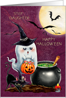 Happy Halloween to Step Daughter Cute Ghost and Black Cat card