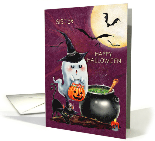 Happy Halloween to Sister Cute Ghost and Black Cat card (1584562)