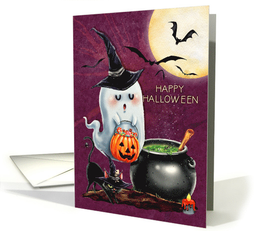 Happy Halloween Cute Ghost and Black Cat with the Moon card (1584564)
