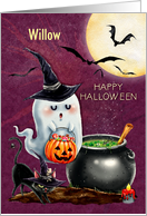 Happy Halloween Custom Name Cute Ghost and Black Cat with the Moon card