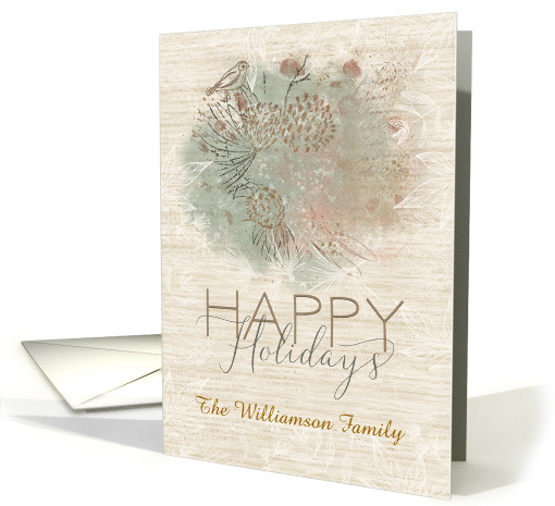 Happy Holidays Custom Name Personalize Pine Tree with Bird card
