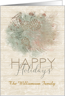 Happy Holidays Custom Name Personalize Pine Tree with Bird card