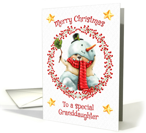 Merry Christmas to Granddaughter Cute Bear in Snowman Suit card
