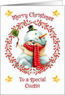 Merry Christmas to Cousin Cute Bear in Snowman Suit card