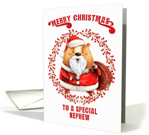 Merry Christmas to Nephew Big Bear in Santa Suit card (1589786)