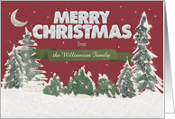 Merry Christmas Custom Name Pine Trees Snow Scene card