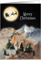 Merry Christmas Mountain Scene with Santa and Reindeer by the Moon card