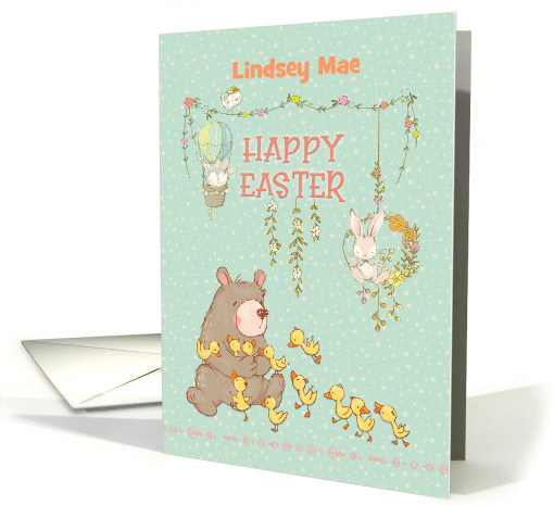 Happy Easter Custom Name Springtime Fun with a Bear and Bunnies card