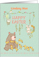 Happy Easter Custom Name Springtime Fun with a Bear and Bunnies card