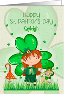 Happy St. Patrick’s Day Custom Name Cute Girl with Shamrocks card