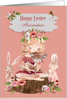 Happy Easter Custom Name Cute Girl with Animals card