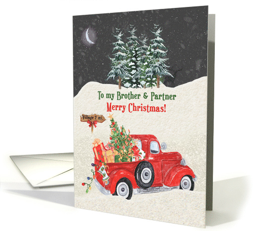 Merry Christmas to Brother and Partner Red Truck Snow Scene card