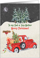 Dad and Step Mother Merry Christmas Red Truck Nighttime Snow Scene card