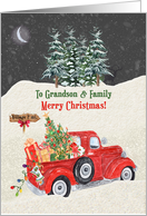 Grandson and Family Merry Christmas Red Truck Snow Scene card