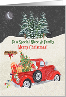 Niece and Family Merry Christmas Red Truck Snow Scene card