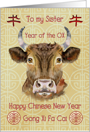 Sister Happy Chinese New Year Year of the Ox Ox and Chinese Symbols card