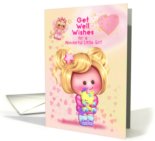 Little Girl Get Well Soon with Cat Fairy and Pet Unicorn card