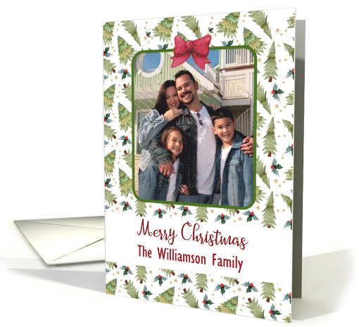 Merry Christmas Custom Photo and Name Christmas Trees and Bow card