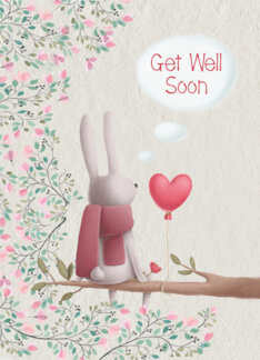 Get Well Soon Lonely Rabbit on a Tree Limb with Flowers