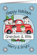 Grandson and Wife Happy Holidays Merry Christmas Snowmen and Red Truck card