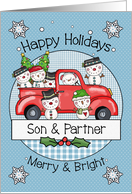 Son and Partner Happy Holidays Merry Christmas Snowmen and Red Truck card