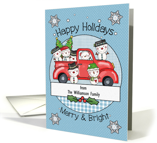 Custom Name Happy Holidays Christmas Snowmen and Red Truck card