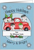 Custom Name Happy Holidays Christmas Snowmen and Red Truck card