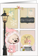 Step Daughter Christmas Scene with Girl Bear Looking in Window card