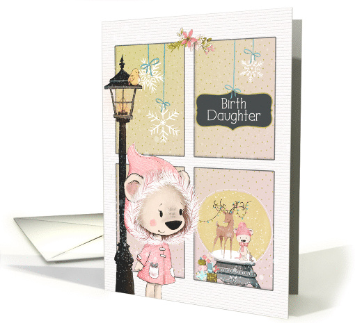 Birth Daughter Christmas Scene with Girl Bear Looking in Window card