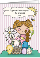 For Special Girl Easter Greetings Cute Girl with Bunnies and Chick card
