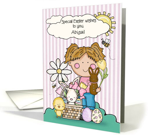 Custom Name Easter Greetings Cute Girl with Bunnies and Chick card