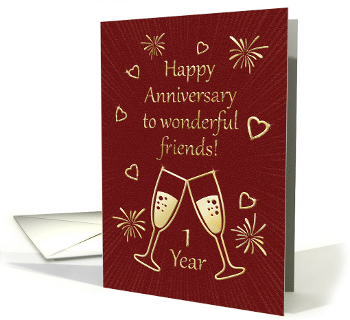 1st Anniversary for Friends with Toasting Glasses and Hearts card