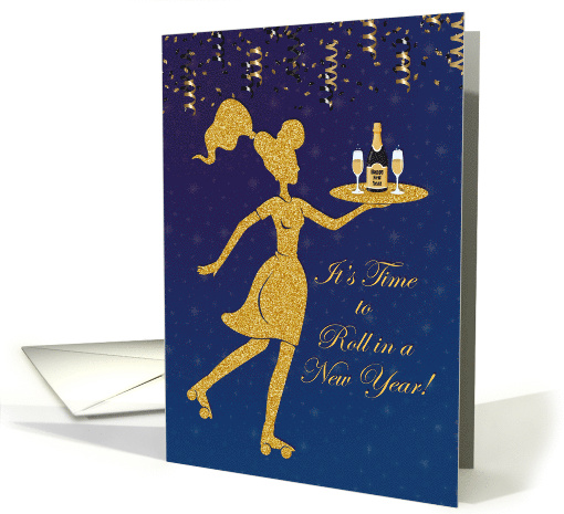 New Year Waitress Rolling in New Year with Champagne card (1749916)