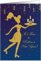 New Year Waitress Rolling in New Year with Champagne card