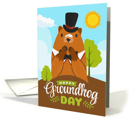 Groundhog Day Greetings with Hat Wearing Groundhog and Word Art card