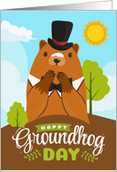 Groundhog Day Greetings with Hat Wearing Groundhog and Word Art card