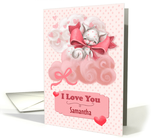 Samantha Valentine's Day Custom Name Cute Cat Floating on Clouds card