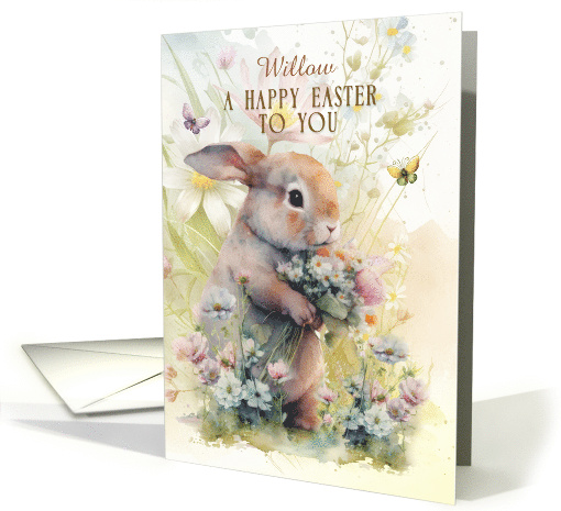 Custom Name Happy Easter Greetings Adorable Bunny in Flowers card