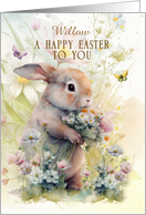 Custom Name Happy Easter Greetings Adorable Bunny in Flowers card