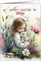 Custom Name Happy Easter Little Girl with Bunny card