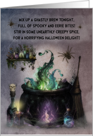 Halloween Boiling Cauldron with Magical Potion Bottles and Spiders card
