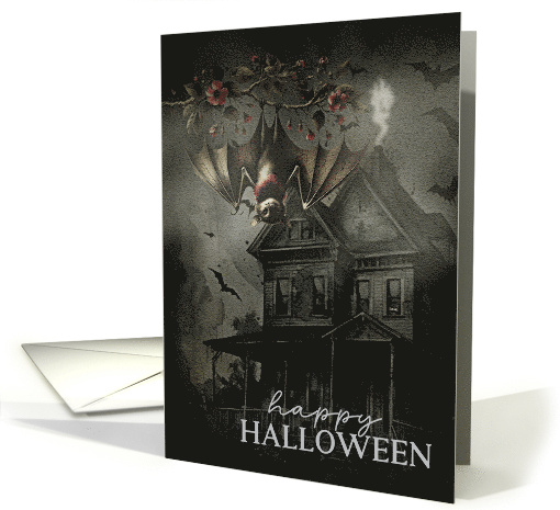 Halloween Greetings with Spooky House and Creepy Bat card (1870102)