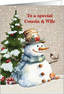 To Cousin and Wife Holly Jolly Christmas with Snowman and Tree card