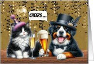 New Year Dog and Cat Toasting with Confetti and Disco Ball card