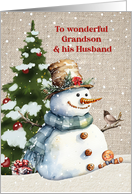 Grandson and Husband Christmas with Snowman and Tree card