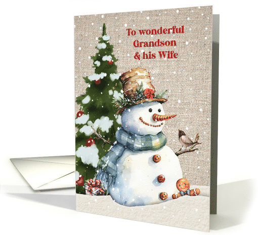 Grandson and Wife Christmas with Snowman and Tree card (1886412)