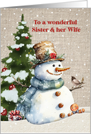 Sister and Wife Christmas with Snowman and Tree card