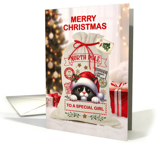 To Young Girl Cute Cat and Christmas Santa Sack card (1889424)